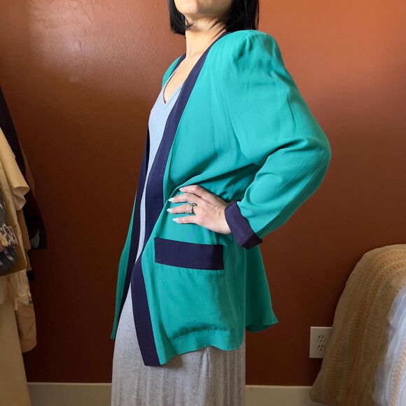 vtg 80s color blocked green open front blazer size 14 made in USA casual - Picture 4 of 12